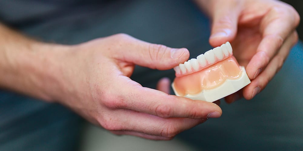 two hands holding a prosthetic model of the jaw and teeth